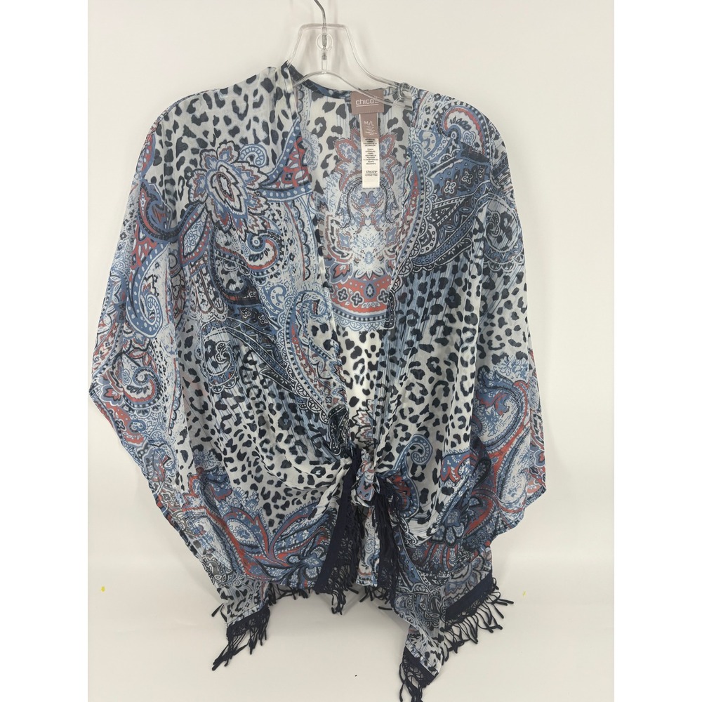 Chicos Kimono Topper M/L Paisley Leopard Fringe Blue Red Bohemian‎ Festival